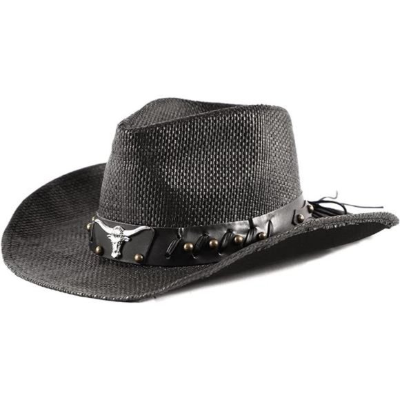 ADJUSTABLE Cowboy Hat Men with Wide Brim Black Longhorn - Picture 1 of 6